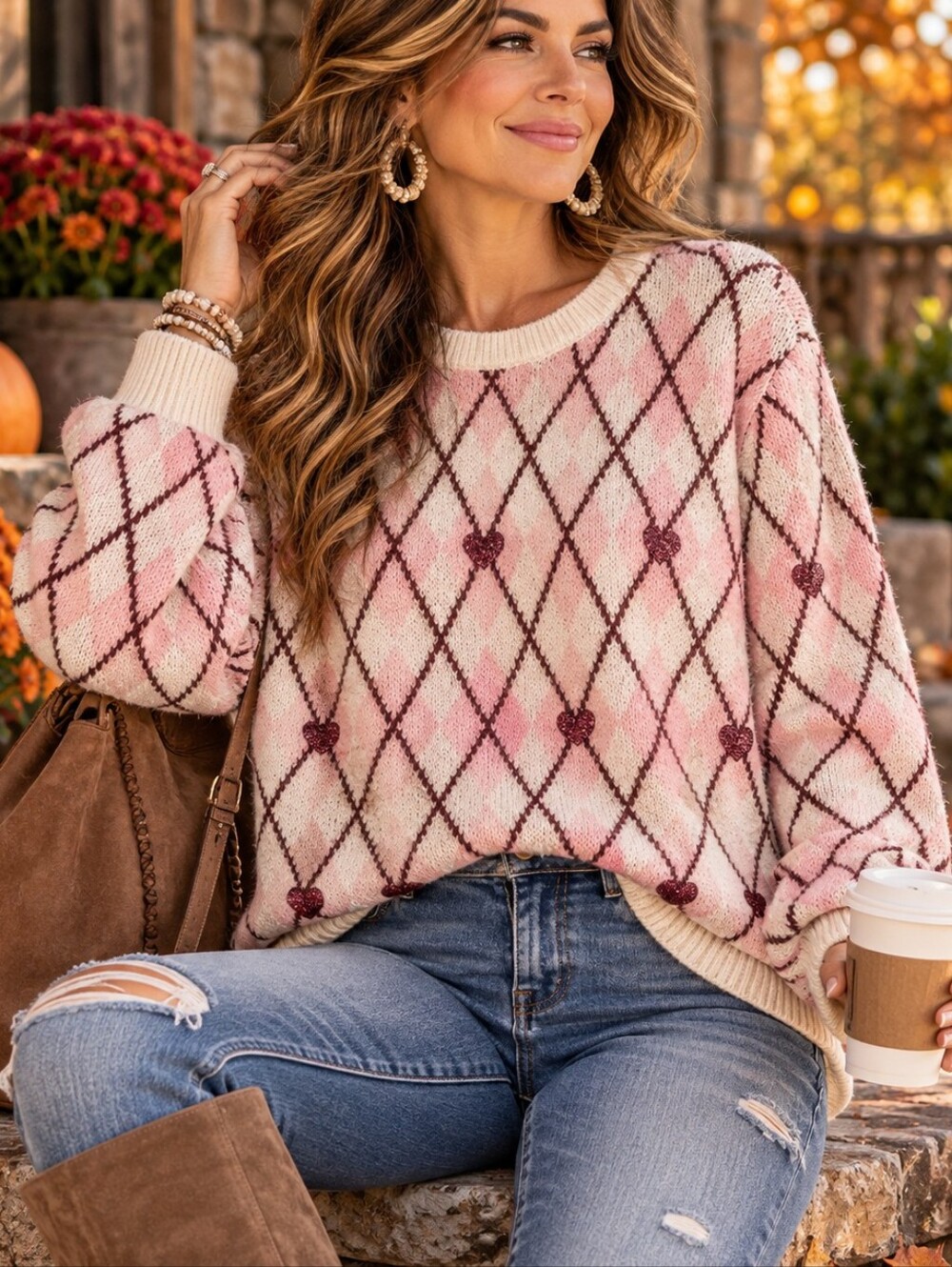 NWT CeCe PXL Pink Argyle Sequin Heart Sweater Plus Size